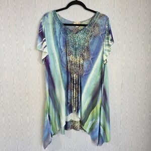 World Unity Tunic Womens 1X Rhinestone Embroidered Art To Wear Liquid Knit